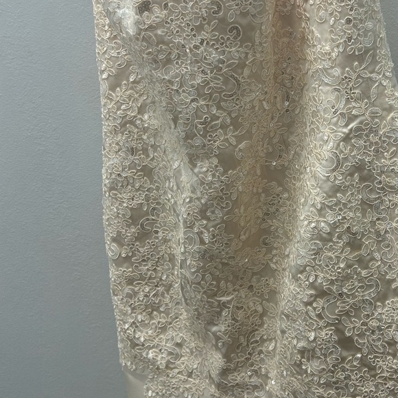 Champagne color gown with an Appliqué bodice, sweep train, scalloped bottom. - Picture 9 of 10